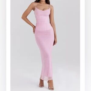 NWOT Baby Pink Ruched & Lace Maxi Dress